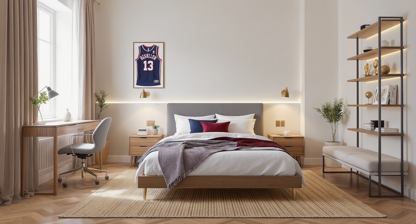 Nowoczesna sypialnia z drewnianym biurkiem, łóżkiem i regałem. Na ścianie koszulka sportowa w ramie. Ciepłe oświetlenie LED podkreśla minimalistyczny design.