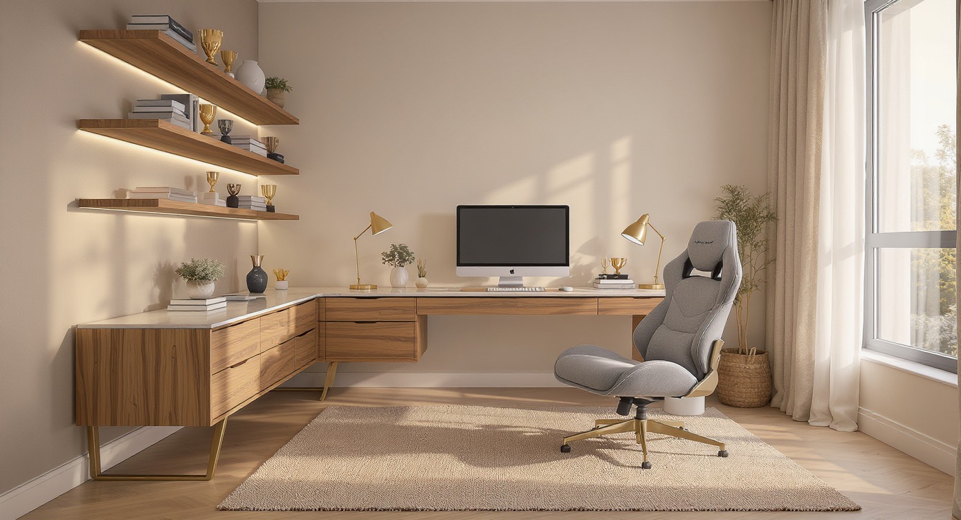 Nowoczesne biuro domowe z drewnianym biurkiem, ergonomicznym krzesłem i półkami z podświetleniem LED. Stonowana kolorystyka, minimalistyczny design, duże okno z widokiem.