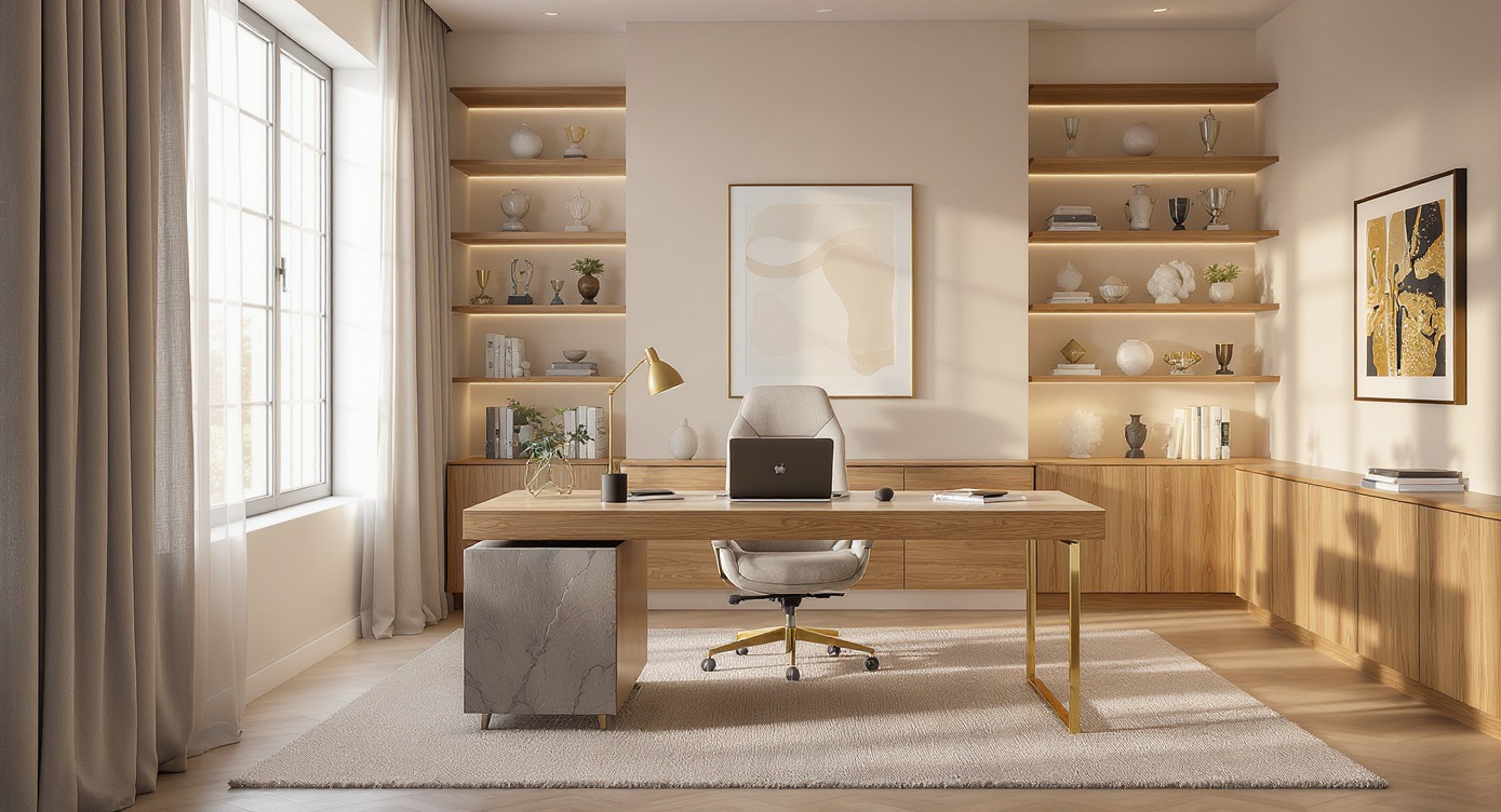 Eleganckie biuro domowe z drewnianym biurkiem, półkami z oświetleniem LED i beżowym dywanem. Minimalistyczny design, laptop na biurku, naturalne światło z okna.