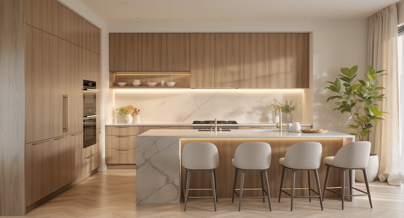 Nowoczesna kuchnia z drewnianymi szafkami, marmurowym blatem i wyspą. Cztery krzesła barowe z beżową tapicerką. Oświetlenie LED podkreśla marmurowy backsplash.