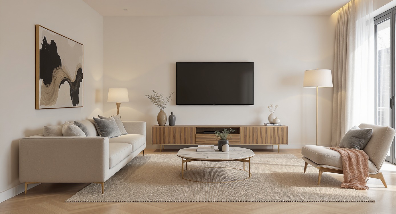 Jasny salon z beżową sofą, stolikiem kawowym z marmurowym blatem i drewnianą szafką RTV. Na ścianie abstrakcyjny obraz w złotej ramie i duży telewizor.