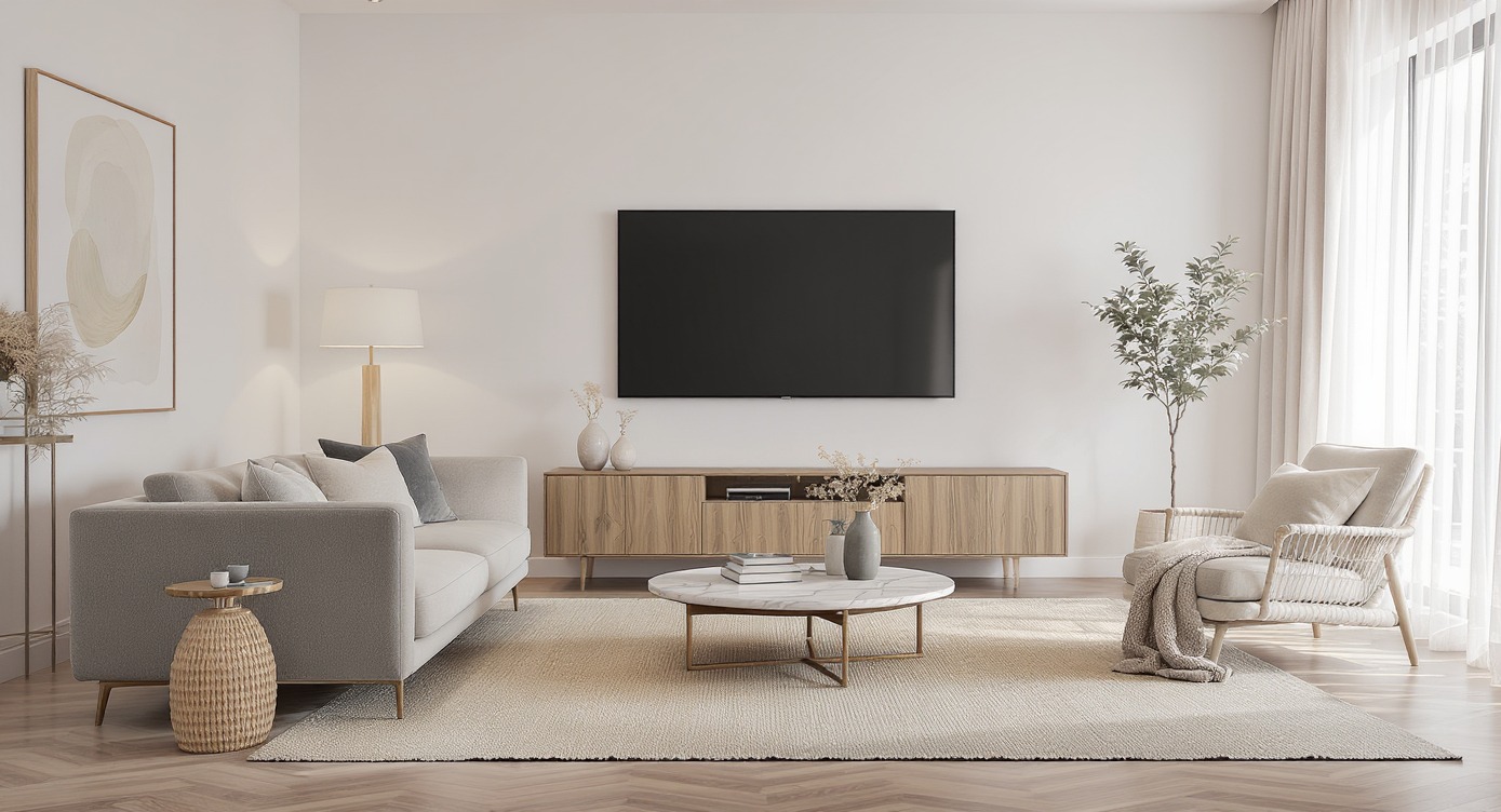 Jasny salon z beżową sofą, marmurowym stolikiem kawowym i drewnianą szafką RTV pod telewizorem. Minimalistyczny wystrój z roślinami i obrazem na ścianie.