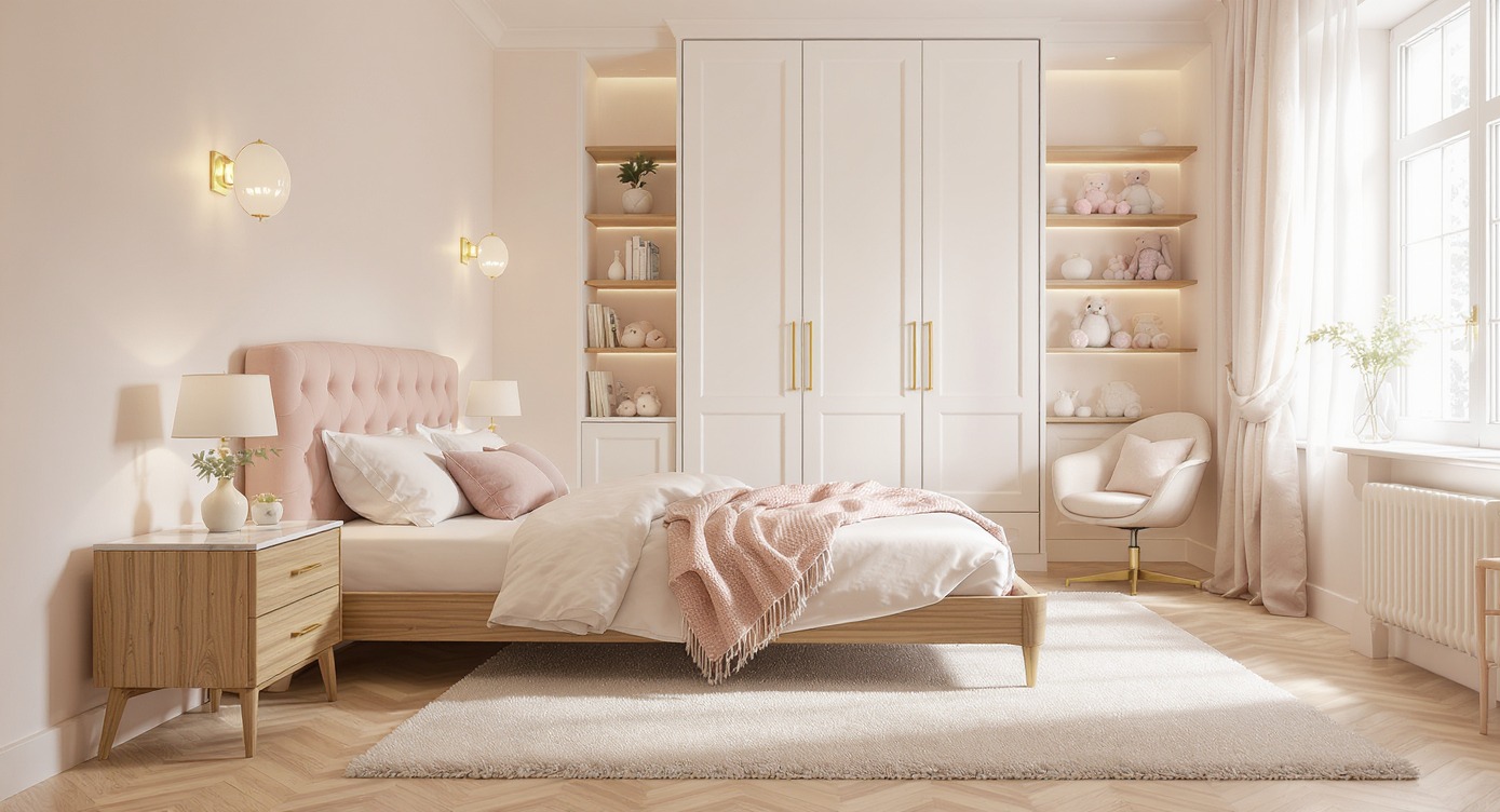Jasna sypialnia w pastelowych odcieniach z łóżkiem, szafą wnękową i dekoracyjnymi półkami. Subtelne oświetlenie i miękki dywan tworzą przytulną atmosferę.