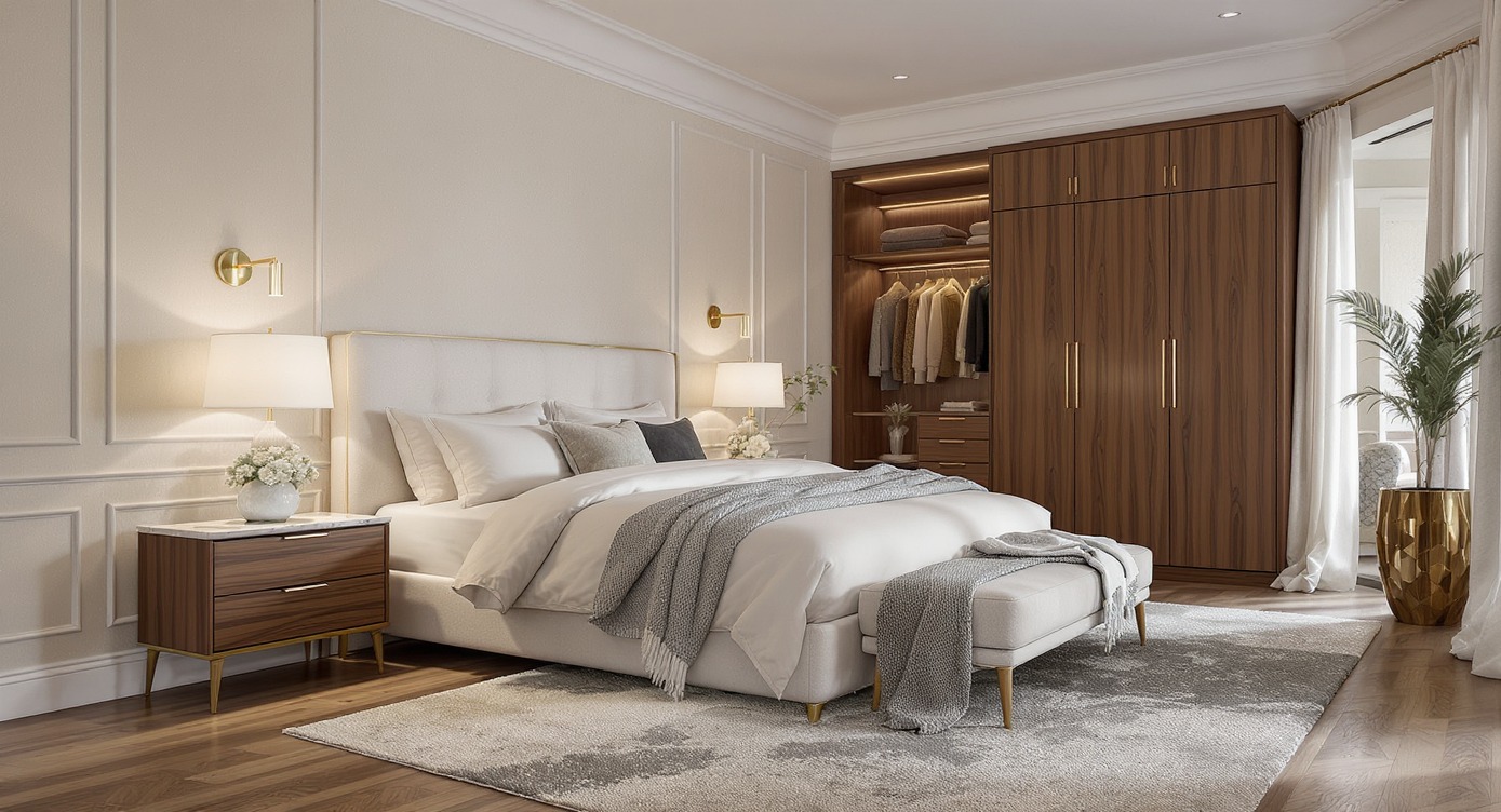 Elegancka sypialnia w beżach z drewnianą szafą wnękową, białym łóżkiem z narzutą i stolikami nocnymi z lampkami. Całość dopełnia dywan w odcieniach szarości.