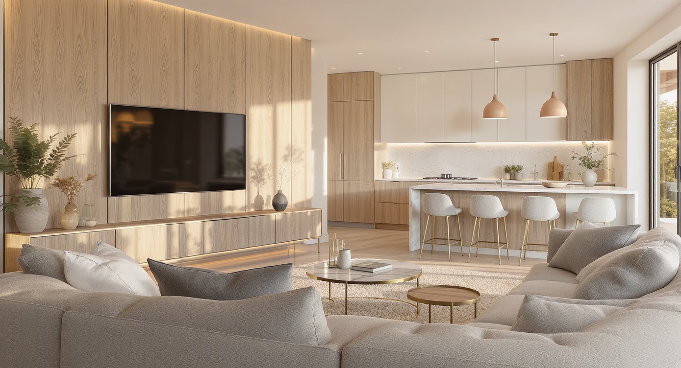 Jasne, przestronne wnętrze z drewnianą ścianą TV, beżową sofą i otwartą kuchnią z wyspą. Minimalistyczny design, ciepłe oświetlenie, rośliny w wazonach. Nowoczesny salon.