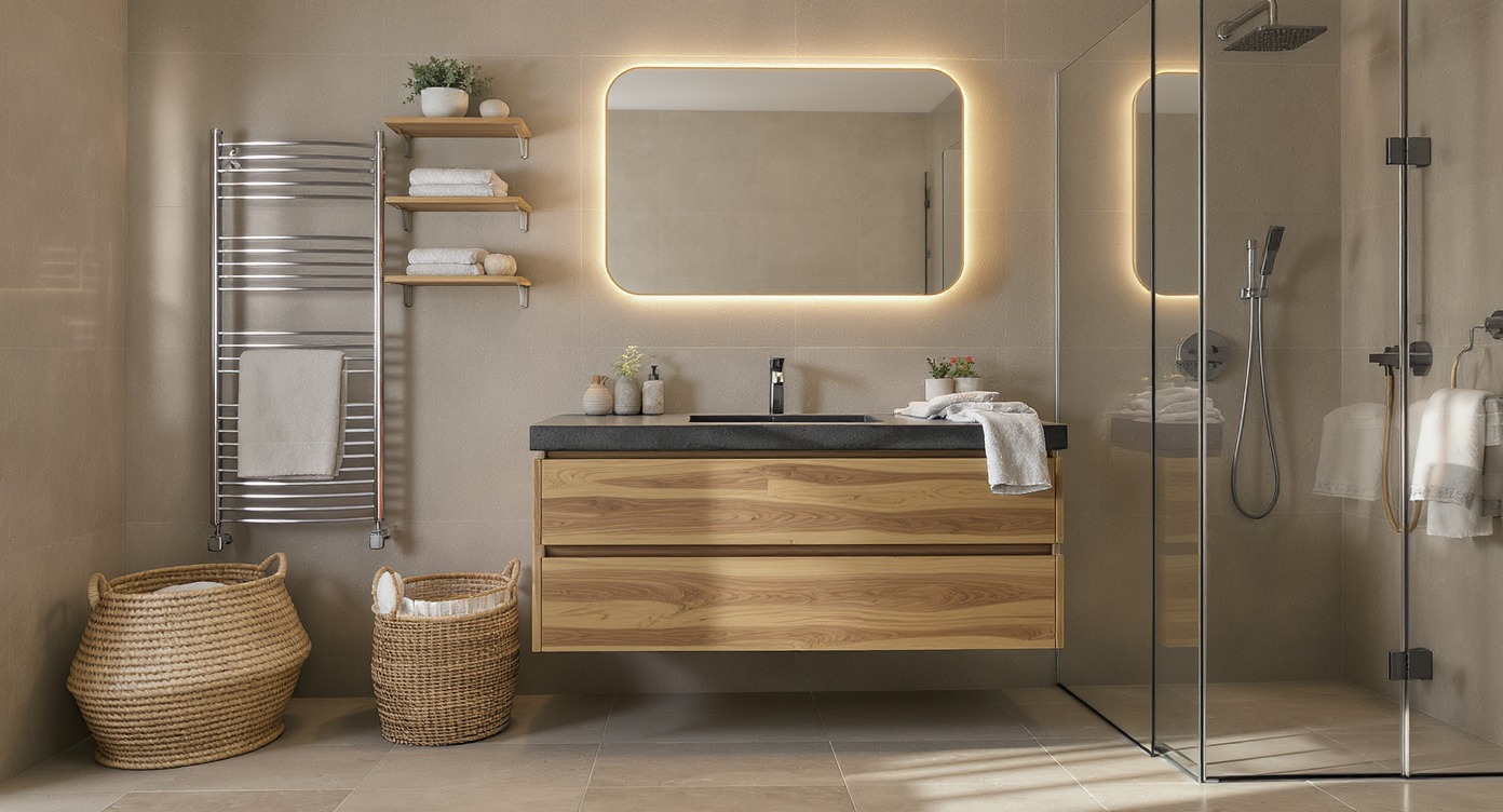 Nowoczesna łazienka z drewnianą szafką pod umywalką, podświetlanym lustrem i szklaną kabiną prysznicową. Beżowe płytki i wiklinowe kosze dodają ciepła.