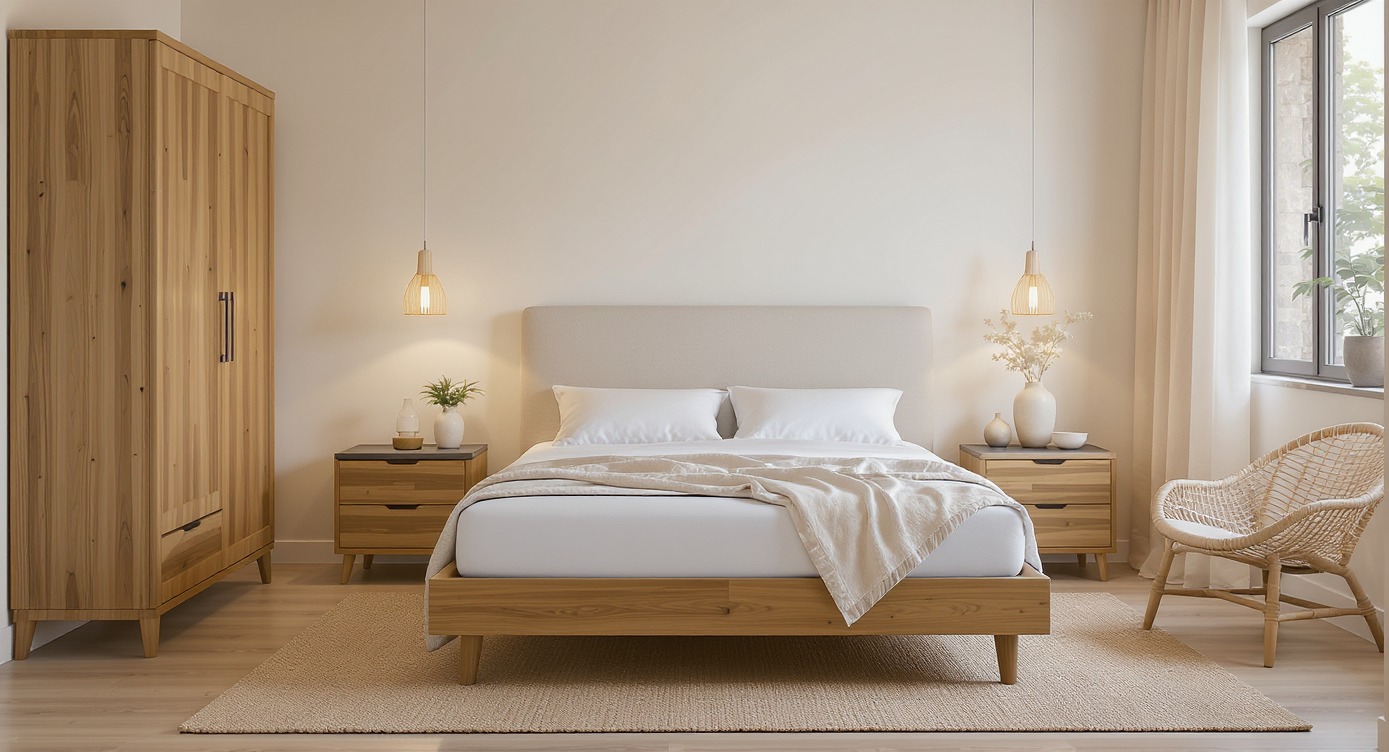 Jasna sypialnia w stylu skandynawskim: drewniane meble, beżowy dywan, rattanowy fotel i wiszące lampy. Minimalistyczny design z naturalnymi materiałami i subtelnym oświetleniem.