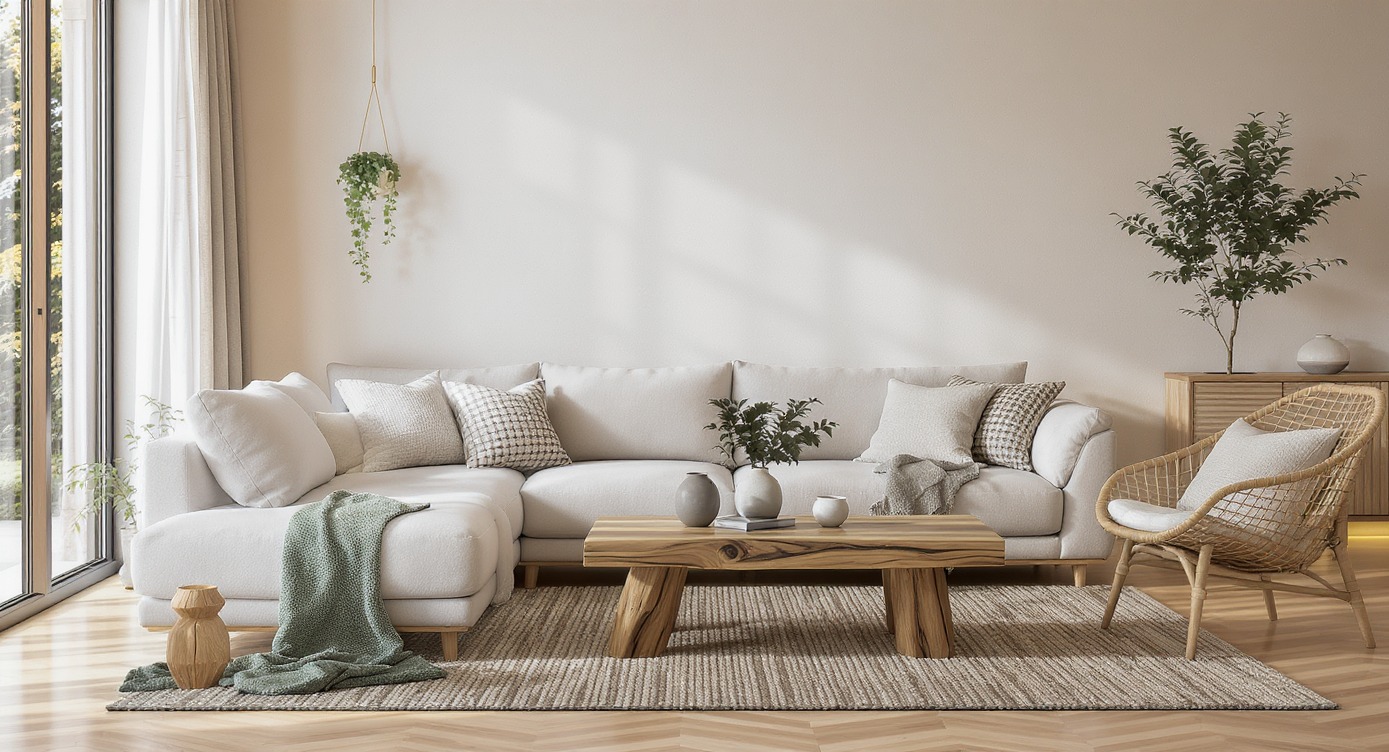 Jasny salon z narożnikiem, drewnianym stolikiem kawowym i wiklinowym fotelem. Rośliny doniczkowe dodają świeżości. Naturalne światło podkreśla neutralną paletę barw.