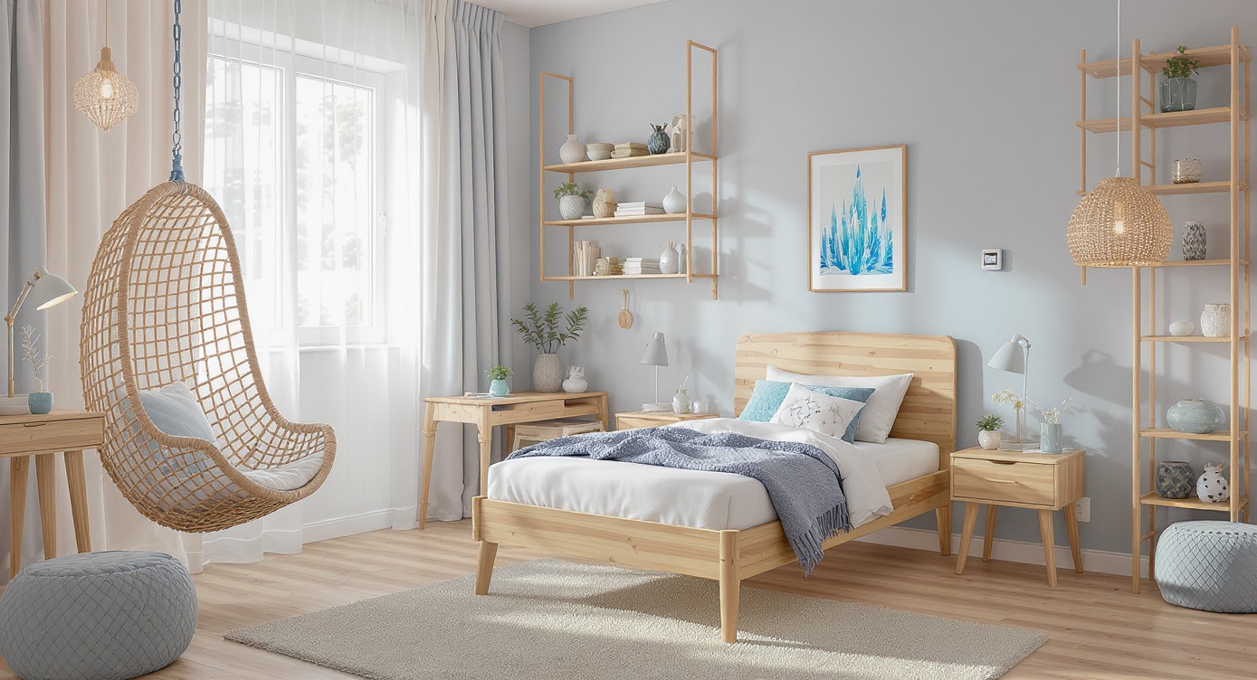 Jasna sypialnia w stylu skandynawskim z drewnianym łóżkiem, wiszącym fotelem i półkami. Stonowana kolorystyka, naturalne materiały, minimalistyczny design.