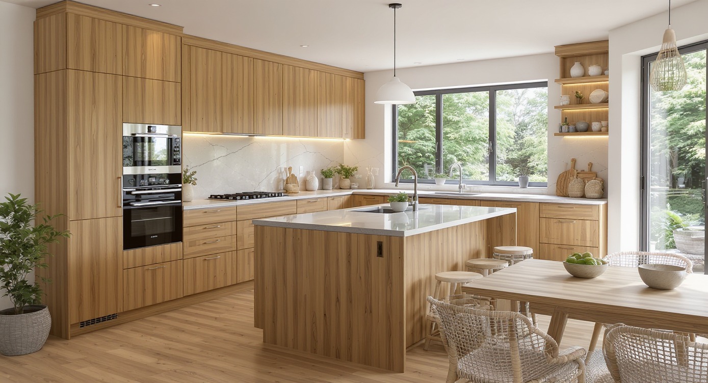 Jasna kuchnia z drewnianymi frontami, wyspą i marmurowym blatem. Nowoczesne oświetlenie, okno z widokiem na zieleń. Stół z plecionymi krzesłami.