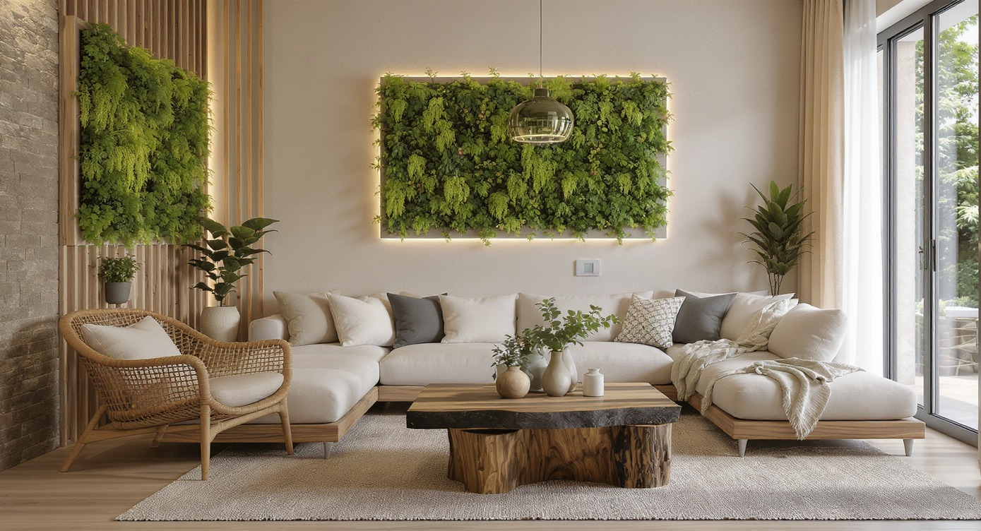 Jasny salon z narożnikiem, drewnianym stolikiem kawowym i ścianami z roślinnością. Nowoczesny design z naturalnymi elementami i subtelnym oświetleniem.