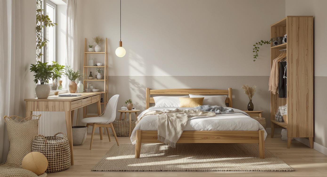 Jasna sypialnia w stylu skandynawskim: drewniane łóżko, biurko z dekoracjami, regał i szafa. Naturalne światło z okna, beżowa kolorystyka ścian i podłogi.