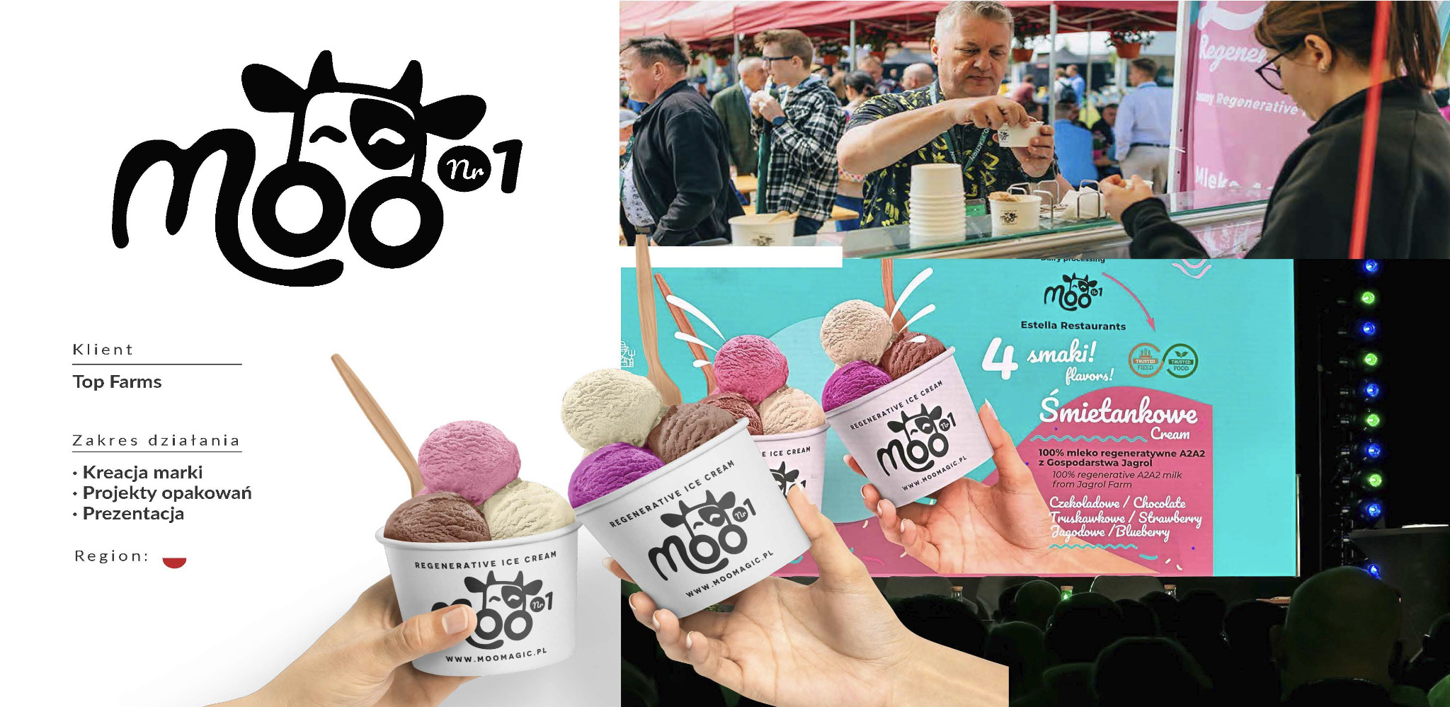 Prezentacja marki lodów 'Moo' na tle tłumu. Widoczne logo, opakowania lodów w dłoniach i stoisko z lodami. Konferencja branżowa, promocja produktu.