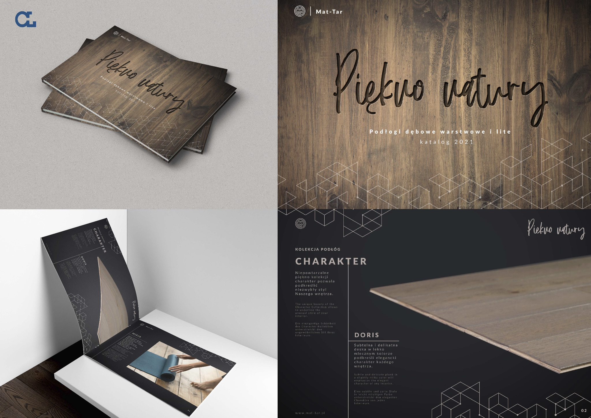 Katalog podłóg drewnianych 'Piękno Natury' firmy Mat-Tar z Poznania, prezentujący kolekcje Charakater i Doris. Elegancki design, detale tekstur i kolorów.