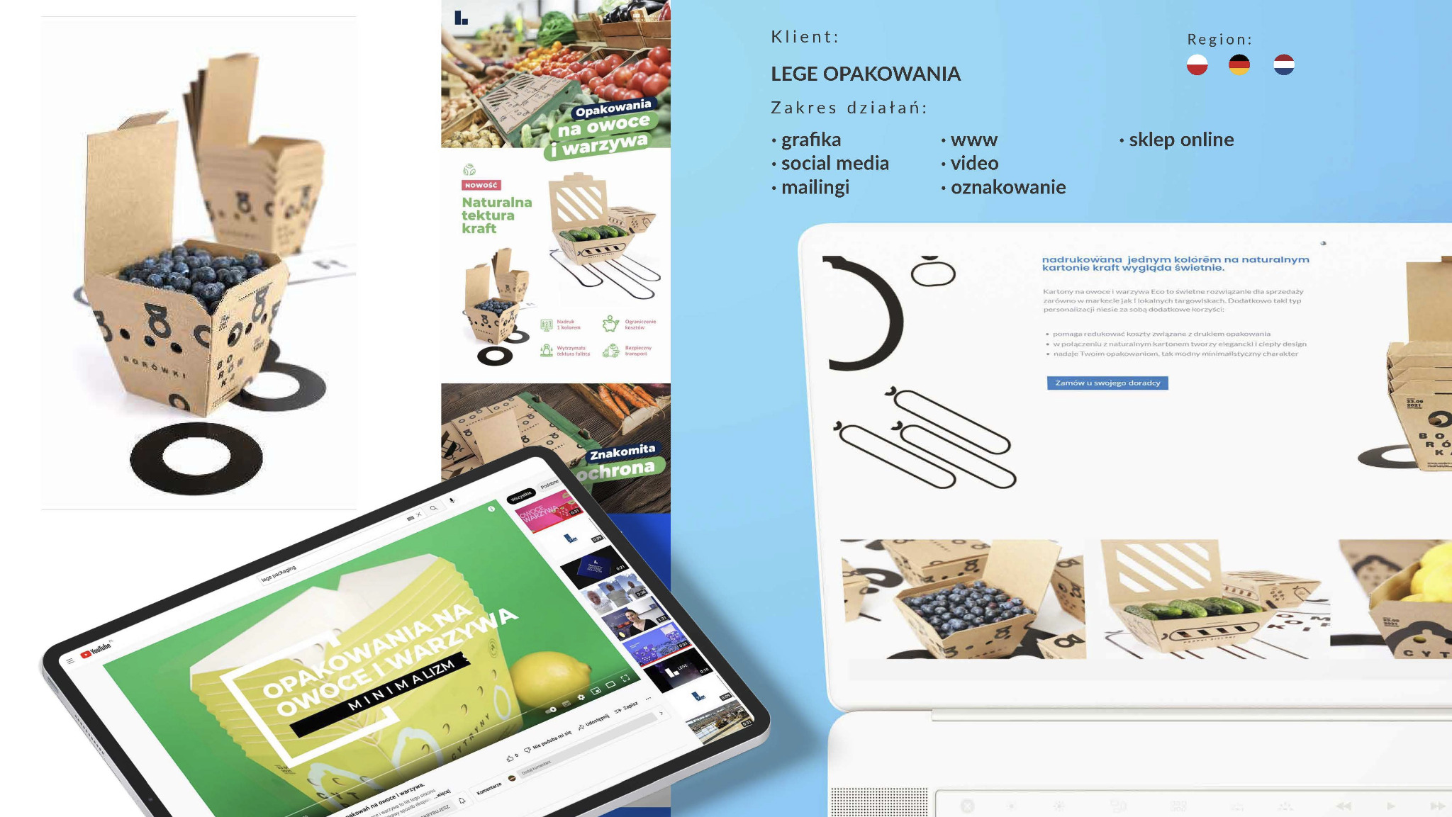 Prezentacja opakowań z tektury kraft na owoce i warzywa marki LEGE OPAKOWANIA, z widocznym nadrukiem i minimalistycznym designem, na tle ekranu tabletu z reklamą.