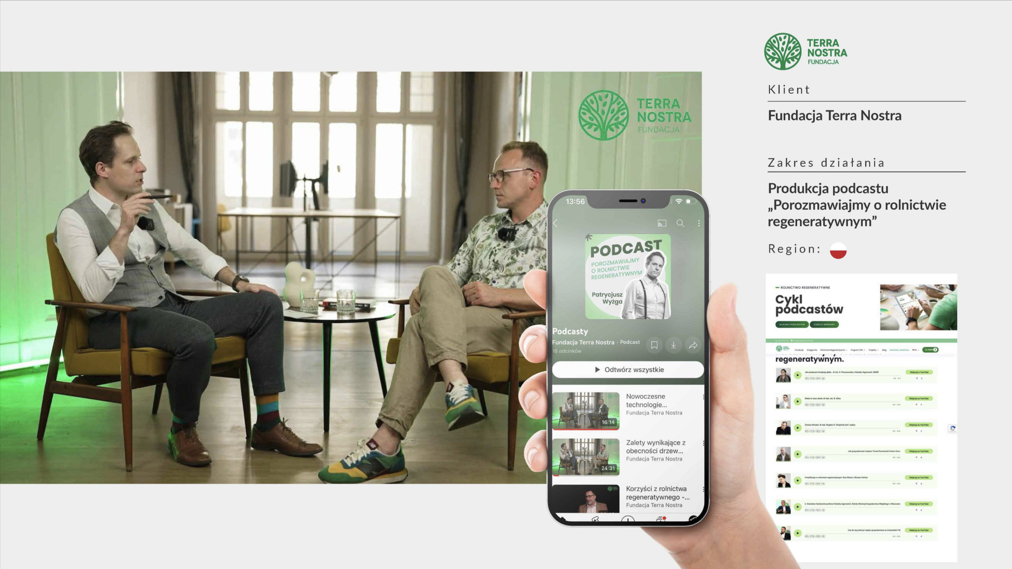 Prezentacja produkcji podcastu 'Porozmawiajmy o rolnictwie regeneratywnym' Fundacji Terra Nostra, widoczna na ekranie smartfona trzymanego w dłoni, z dwoma mężczyznami w tle.