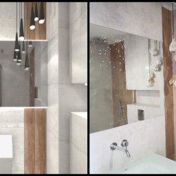 PORTAL Maciej Hyżowiecki - Nowoczesna łazienka z lustrem, umywalką i dekoracyjnym oświetleniem. Widoczne płytki w odcieniach szarości i drewniane akcenty. Minimalistyczny design z elementami dekoracyjnymi.