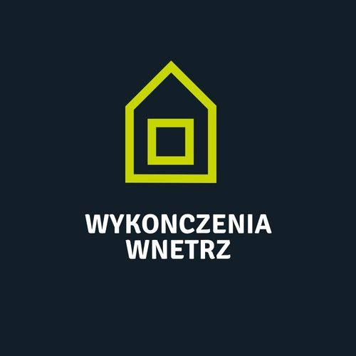 Graficzne logo firmy z branży wykończeń wnętrz. Stylizowany dom z oknem w kolorze limonkowym na ciemnym tle, poniżej biały napis 'WYKOŃCZENIA WNĘTRZ'.