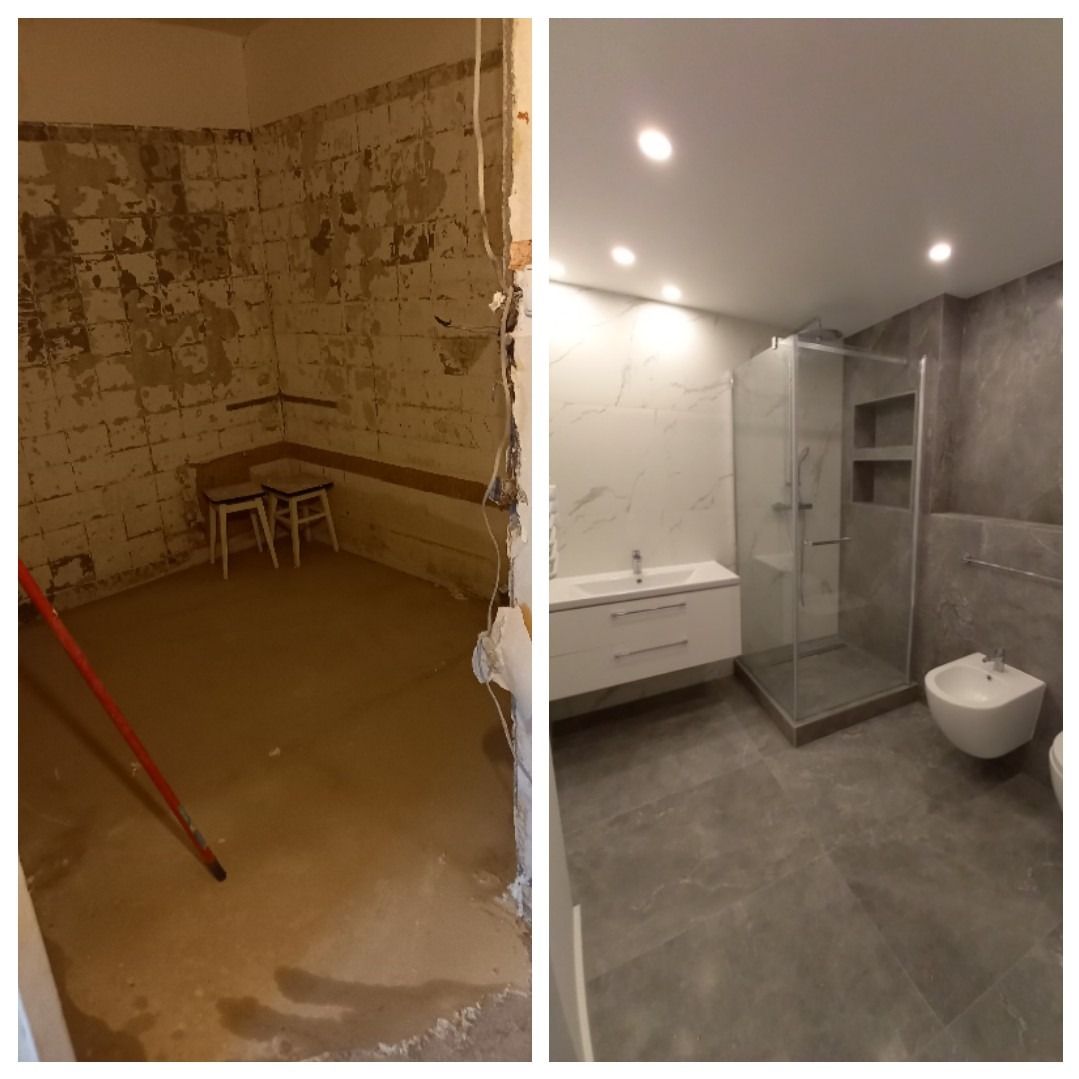 Fotografia 'przed i po' prezentująca metamorfozę łazienki: od surowego stanu z odsłoniętą cegłą do nowoczesnego wnętrza z kabiną prysznicową i marmurowymi płytkami.