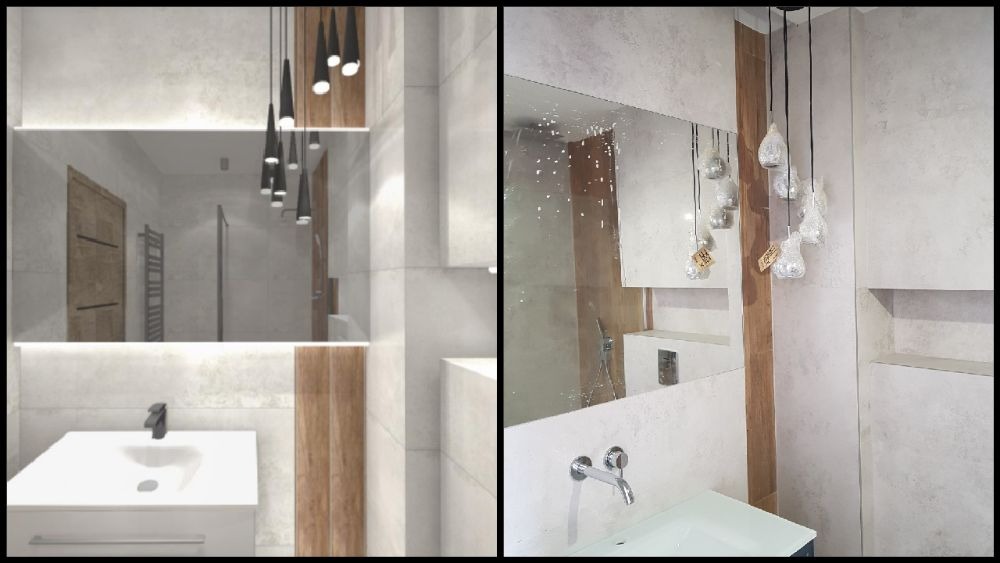 Nowoczesna łazienka z lustrem, umywalką i dekoracyjnym oświetleniem. Widoczne płytki w odcieniach szarości i drewniane akcenty. Minimalistyczny design z elementami dekoracyjnymi.