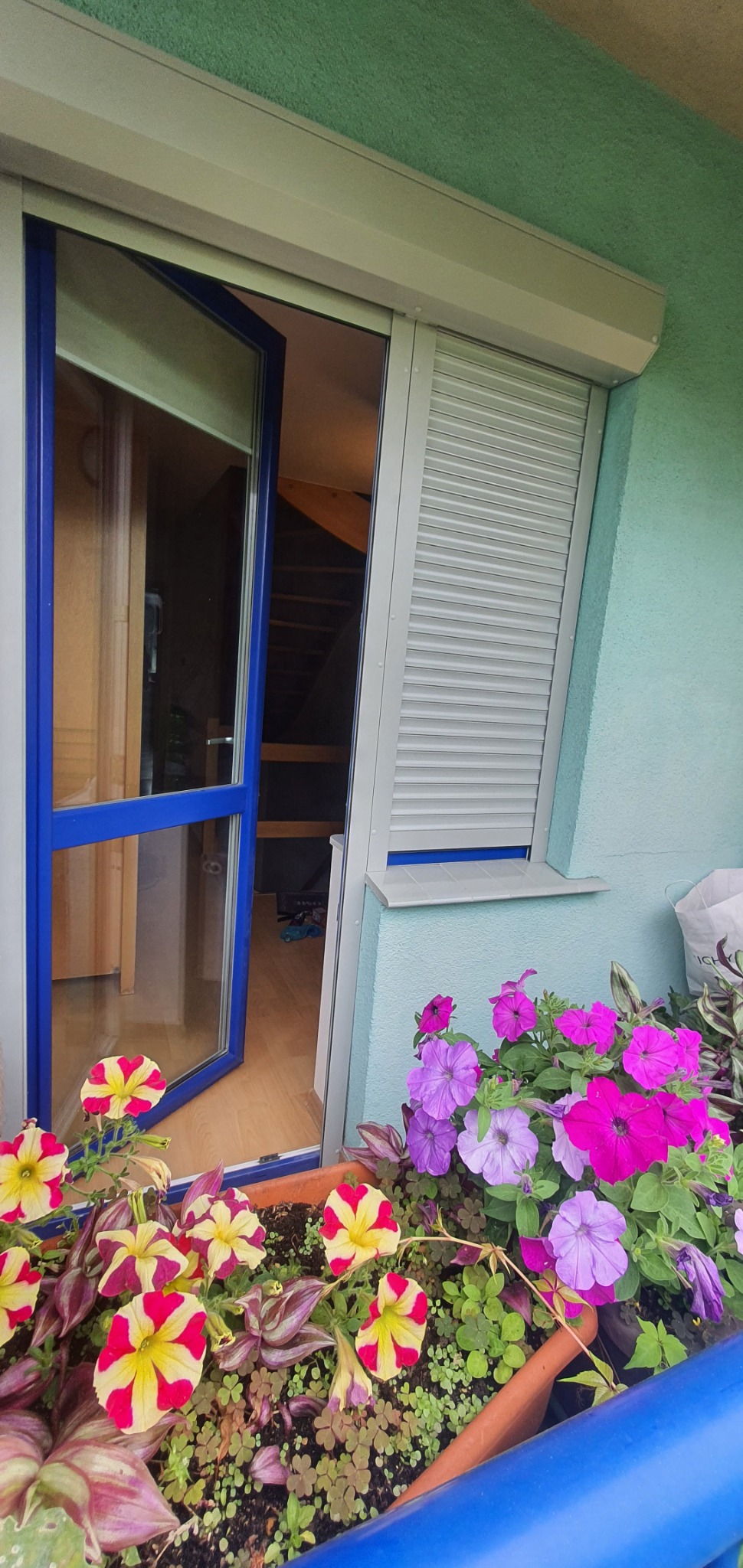 Balkon z otwartym oknem z niebieską ramą i zwiniętą roletą zewnętrzną. W donicy kolorowe kwiaty. Widok na schody wewnątrz domu.