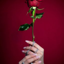 Agencja Marketingowa APOV - Dłonie kobiety z francuskim manicure trzymające czerwoną różę, ozdobione pierścionkami z brylantami na tle bordowego, gładkiego tła.