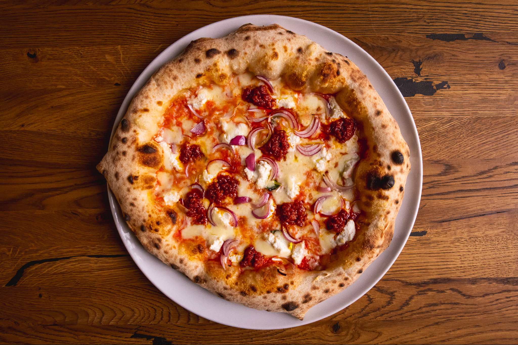 Apetyczna pizza na białym talerzu, z sosem pomidorowym, serem ricotta, czerwoną cebulą i pikantną pastą 'nduja, na drewnianym stole. Idealna propozycja na catering.