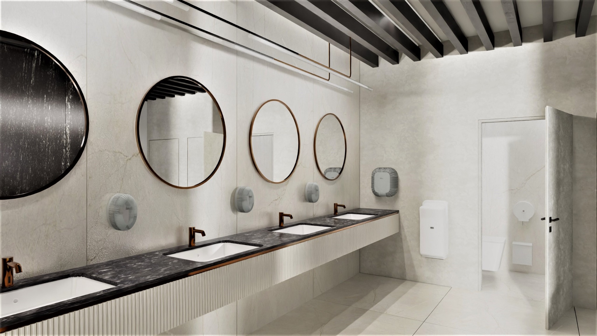 Nowoczesna łazienka biurowa z trzema okrągłymi lustrami, czarnym blatem i białymi umywalkami. Widoczne suszarki do rąk i oświetlenie sufitowe.