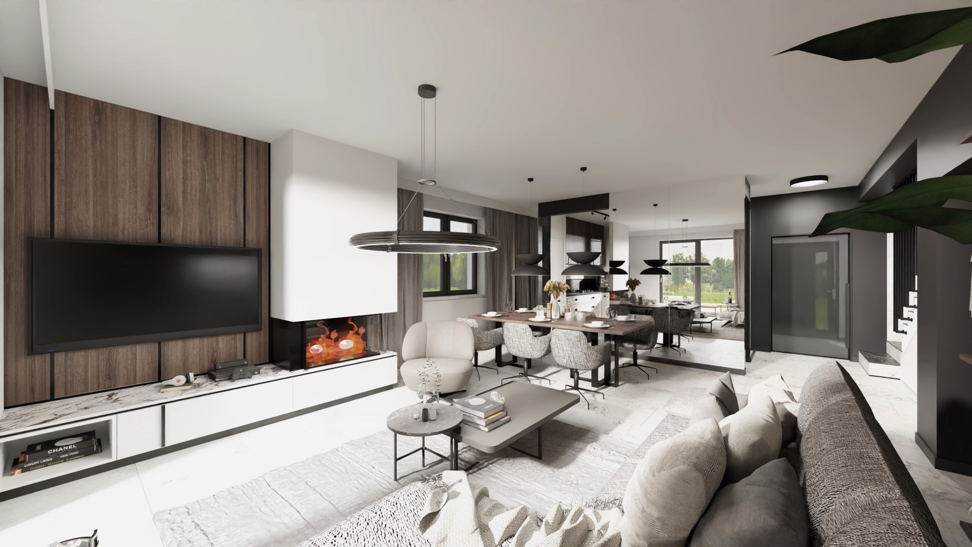 Wnętrze salonu z jadalnią w nowoczesnym stylu: drewniana ściana z TV, kominek, okrągły żyrandol nad stołem, szara sofa i marmurowa podłoga. Widok na ogród przez okno.