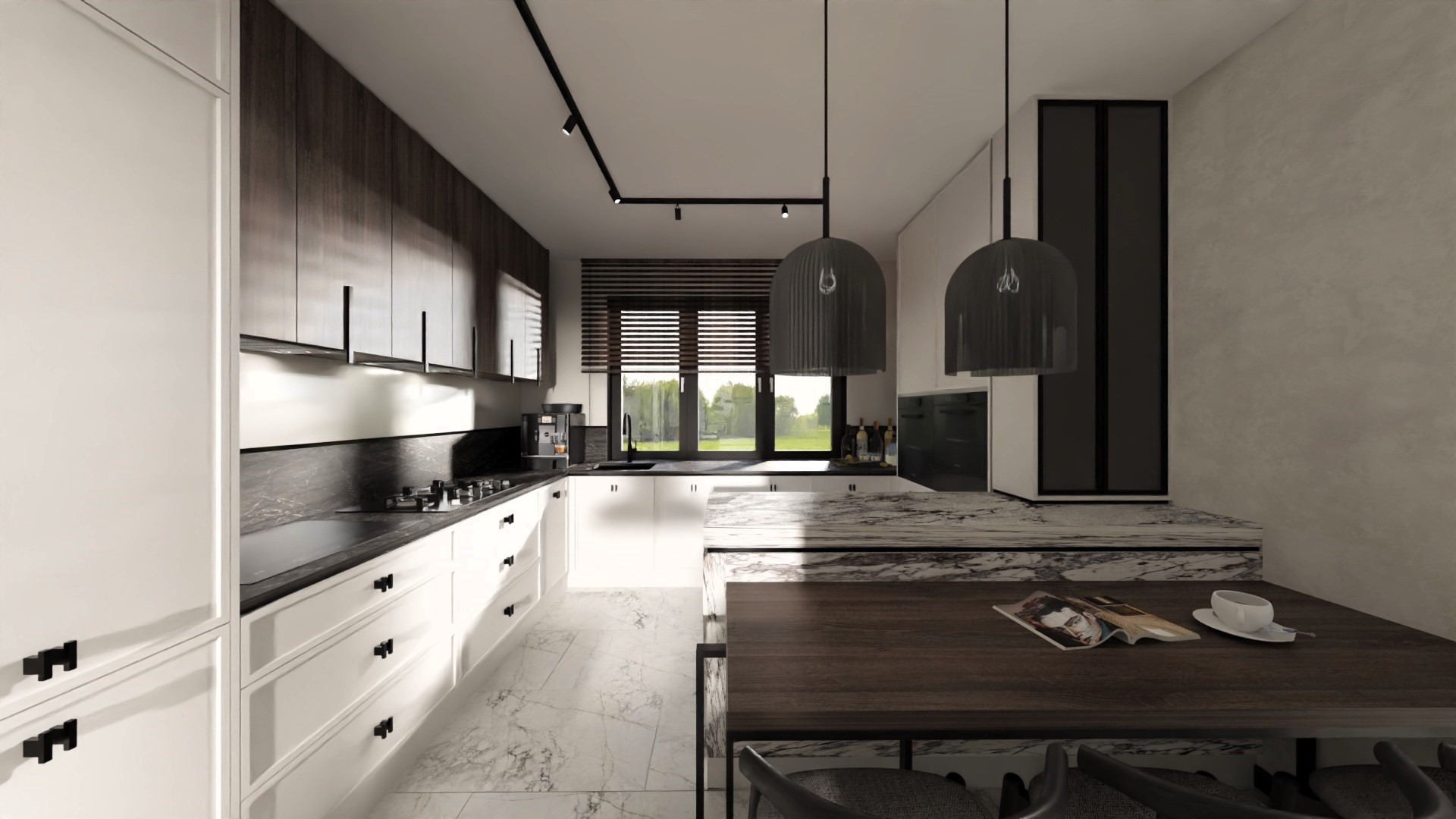 Nowoczesna kuchnia z białymi szafkami i marmurową podłogą. Centralnie wyspa z blatem z ciemnego drewna i lampami wiszącymi. Widok na ogród przez okno.