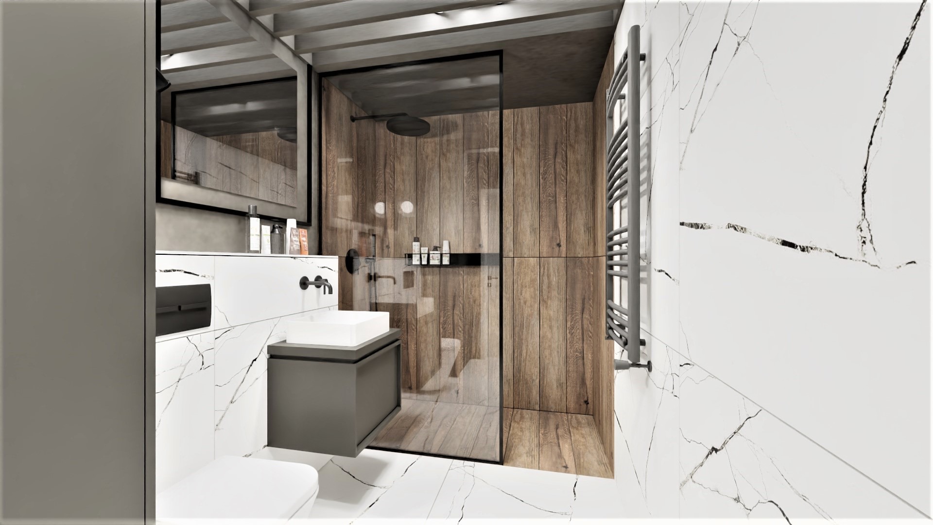 Nowoczesna łazienka z kabiną prysznicową typu walk-in, drewnianymi panelami i marmurowymi płytkami. Minimalistyczna umywalka i grzejnik drabinkowy w szarościach.