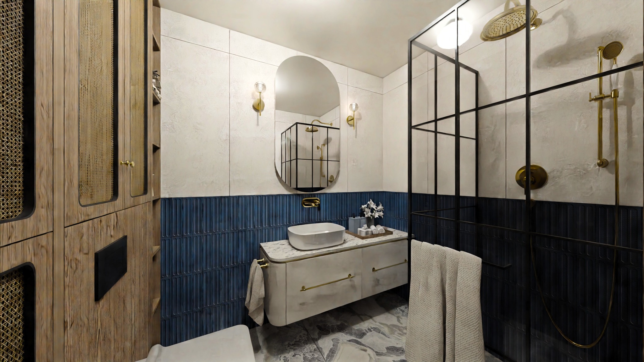Nowoczesna łazienka z kabiną prysznicową typu walk-in, umywalką nablatową i szafką z marmurowym blatem. Niebieskie płytki na ścianie i drewniana szafa z rattanowymi wstawkami.