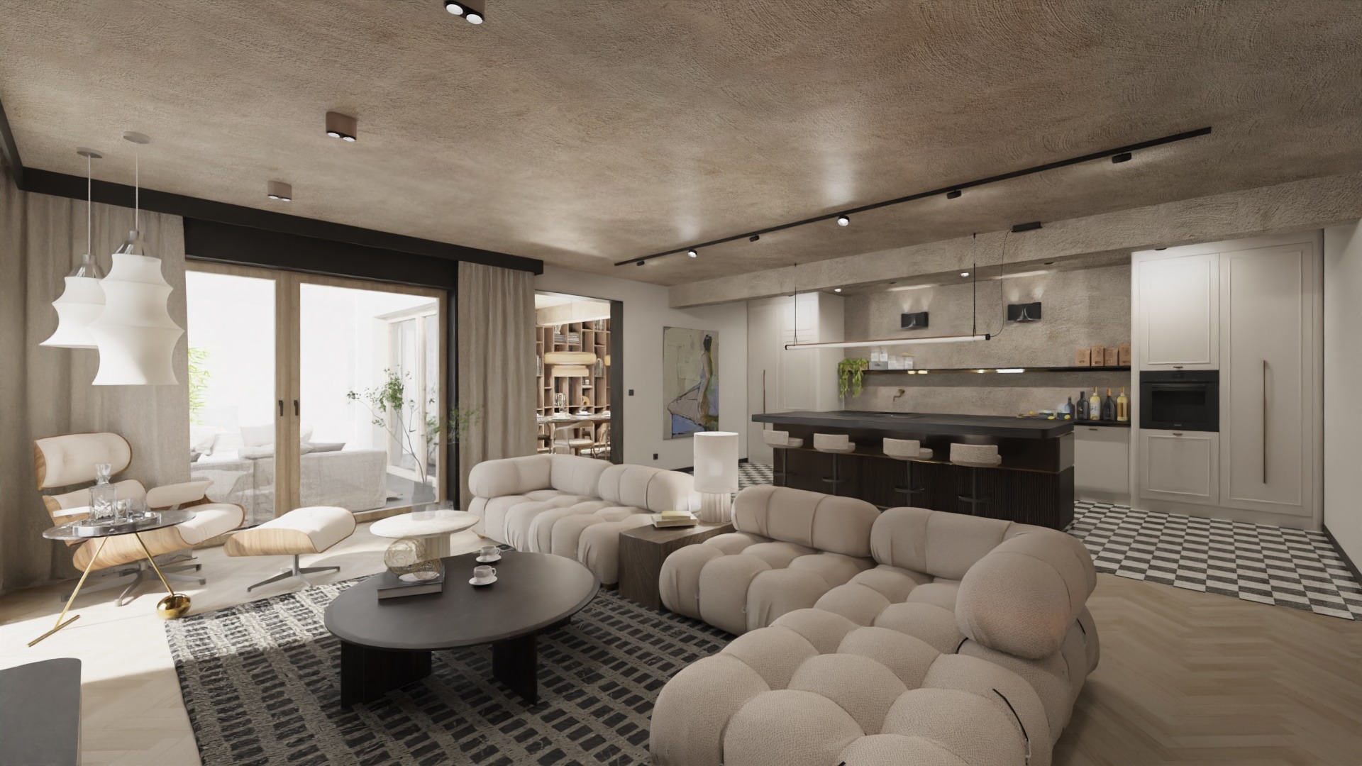 Jasne, przestronne wnętrze z sofą modułową, otwartą kuchnią z barkiem i wyjściem na balkon. Nowoczesny design z elementami vintage i naturalnymi materiałami.