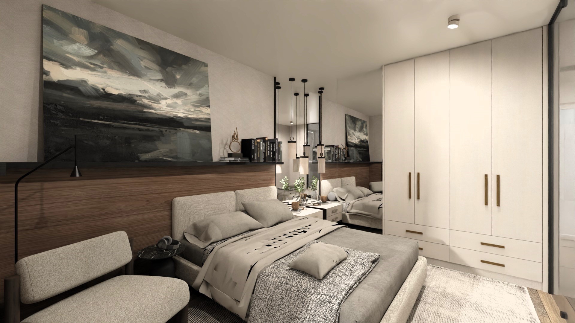 Nowoczesna sypialnia z dużym łóżkiem, obrazem nad wezgłowiem i białą szafą wnękową. Widoczne lustrzane odbicie wnętrza, lampy wiszące i fotel.