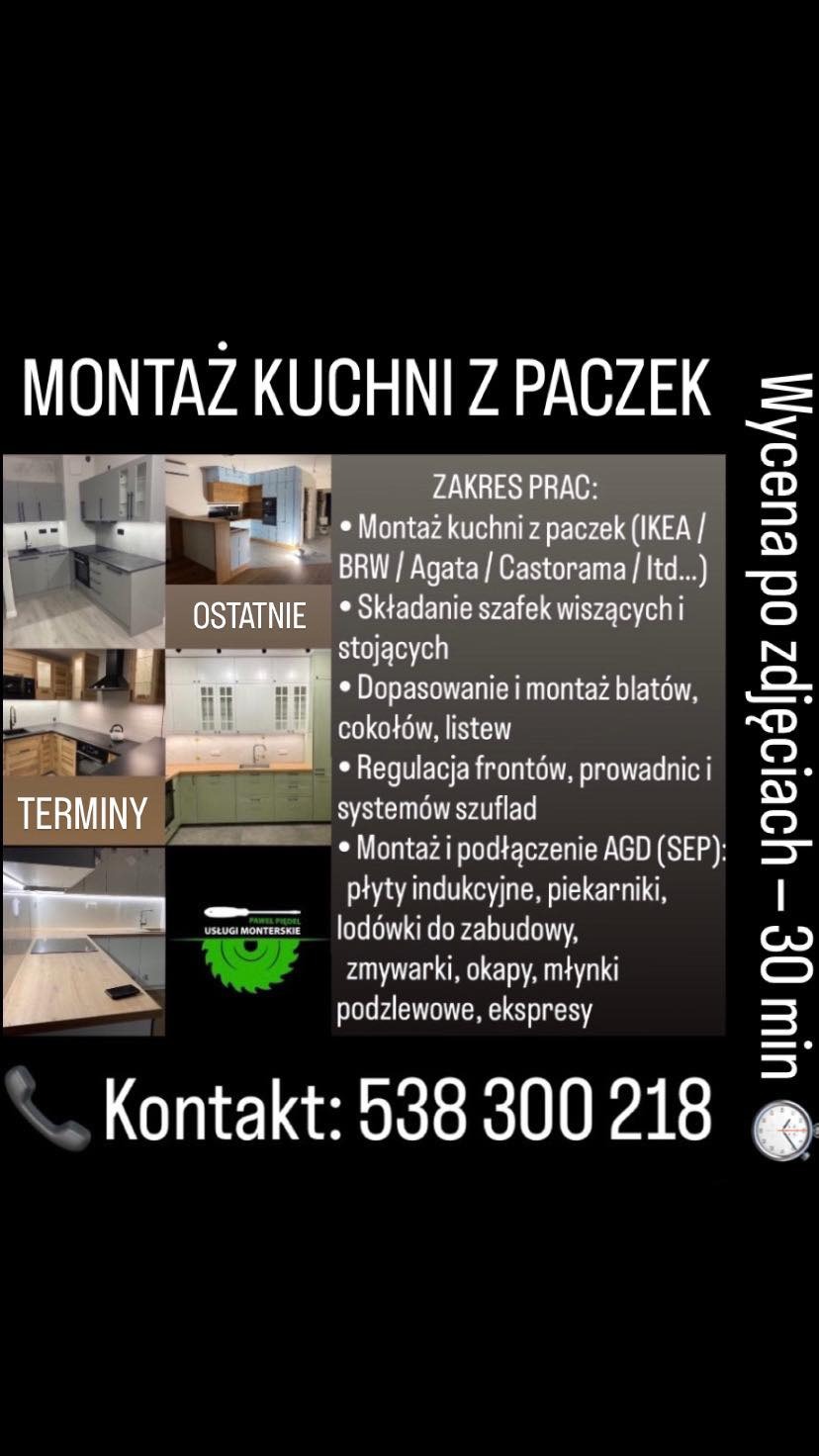 Montaż kuchni z paczek: kolaż zdjęć zrealizowanych projektów, zakres prac i kontakt. Wykończone kuchnie w różnych stylach. Usługi monterskie.