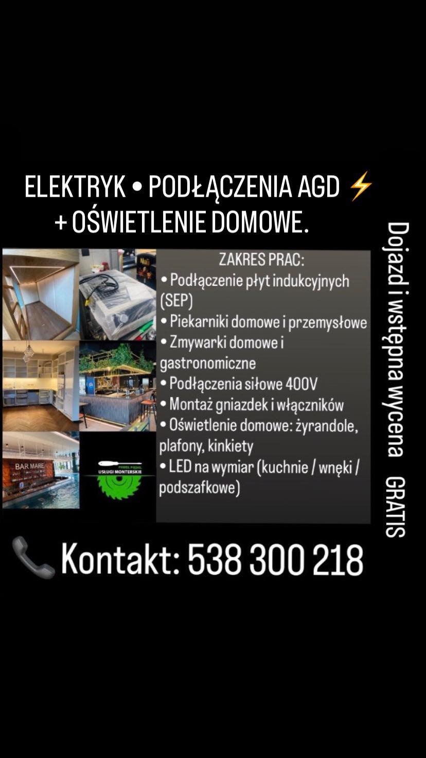 Grafika reklamowa usług elektrycznych: podłączenia AGD, oświetlenie domowe, montaż gniazdek, LED. Zakres prac: płyty indukcyjne, piekarniki, zmywarki, oświetlenie.