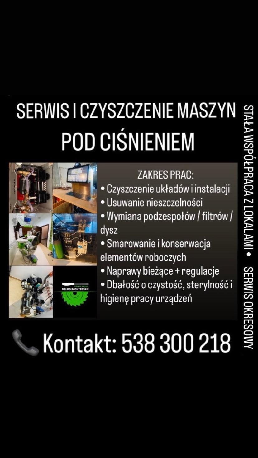 Serwis i czyszczenie maszyn pod ciśnieniem: czyszczenie układów, usuwanie nieszczelności, wymiana filtrów, smarowanie, naprawy, dbałość o higienę. Kontakt: 538 300 218.