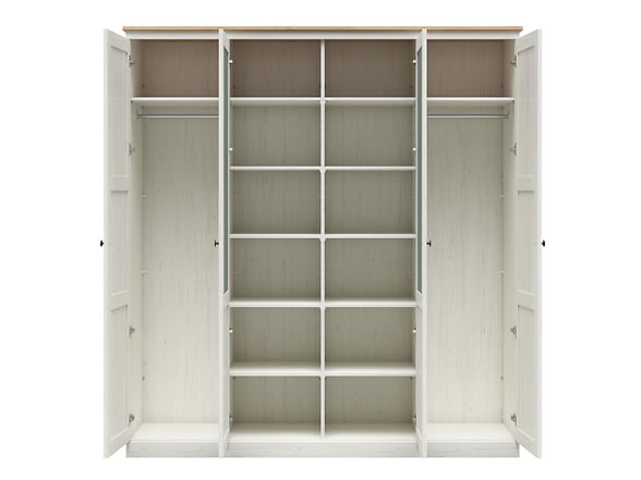 Otwarty, trzydrzwiowy, biały, drewniany regał z półkami i drążkami na ubrania, z jasnym blatem. Widok z przodu, symetryczny układ drzwi.