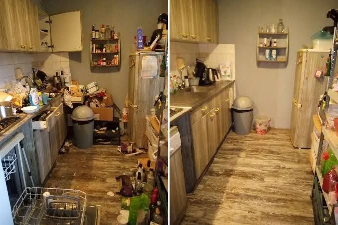 Zdjęcie 'przed i po' sprzątania kuchni: po lewej zagracona, po prawej czysta, z drewnianymi szafkami i sprzętami. Widoczny kosz na śmieci i fragment zmywarki.