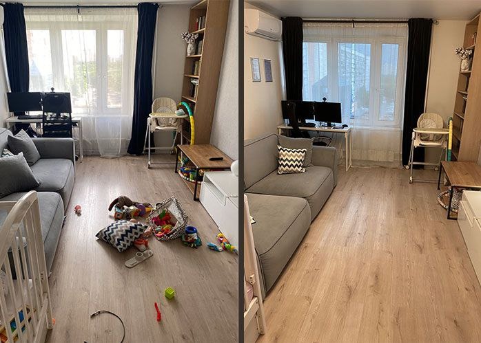Porównanie salonu przed i po sprzątaniu w Poznaniu. Widoczny bałagan z zabawkami i uporządkowana przestrzeń z szarą sofą, biurkiem i krzesłem do karmienia.