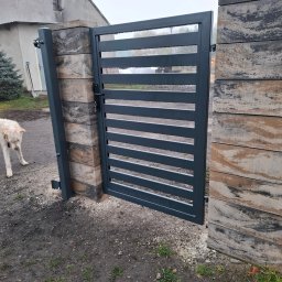 Air-Send - Nowoczesna, grafitowa brama wjazdowa z poziomymi szczeblami, zamontowana na słupkach z dekoracyjnych bloczków. Widoczny fragment posesji i pies.