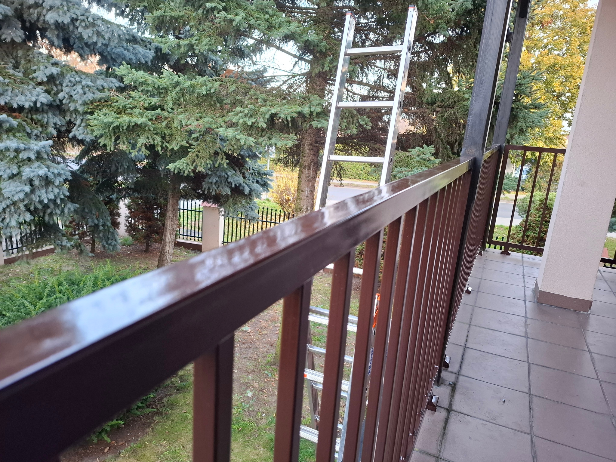 Błyszcząca, brązowa balustrada balkonowa z metalu, widziana z bliska, z drabiną w tle. Usługa montażu w Siniarzewie. Widok na zieleń.