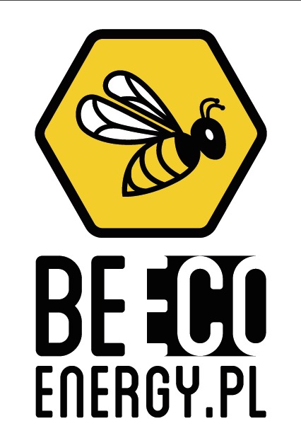 Logo firmy BE ECO ENERGY.PL z czarną pszczołą w żółtym sześciokącie. Napis BE ECO i ENERGY.PL w czcionce bezszeryfowej, czarny na białym tle.