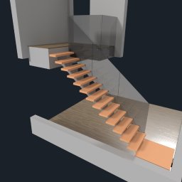 Stairo - Wizualizacja schodów z drewnianymi stopniami i szklaną balustradą, widok z góry, minimalistyczny design, neutralna kolorystyka, nowoczesne wykończenie.