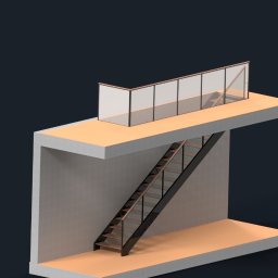 Stairo - Wizualizacja schodów metalowych z balustradą szklaną, prowadzących na platformę. Minimalistyczny design, ciemne tło, render 3D.