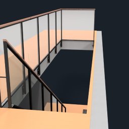 Stairo - Wizualizacja schodów z przeszkloną balustradą i drewnianymi elementami wykończeniowymi. Nowoczesny design, minimalistyczny styl, ciemne tło.