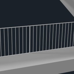 Stairo - Wizualizacja 3D balkonu z białą, metalową barierką o regularnym układzie pionowych prętów, na tle ciemnego otoczenia. Ujęcie z dołu, podkreślające geometrię konstrukcji.