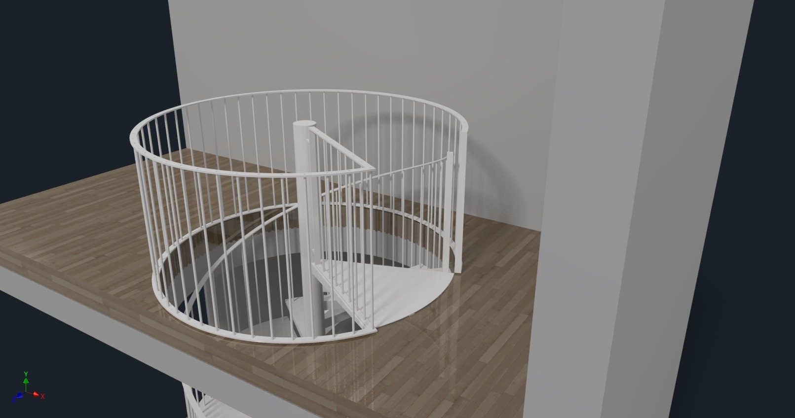 Wizualizacja białych, spiralnych schodów metalowych z balustradą, umieszczonych w jasnym wnętrzu. Widok z góry, ukazujący konstrukcję i detale wykończenia.