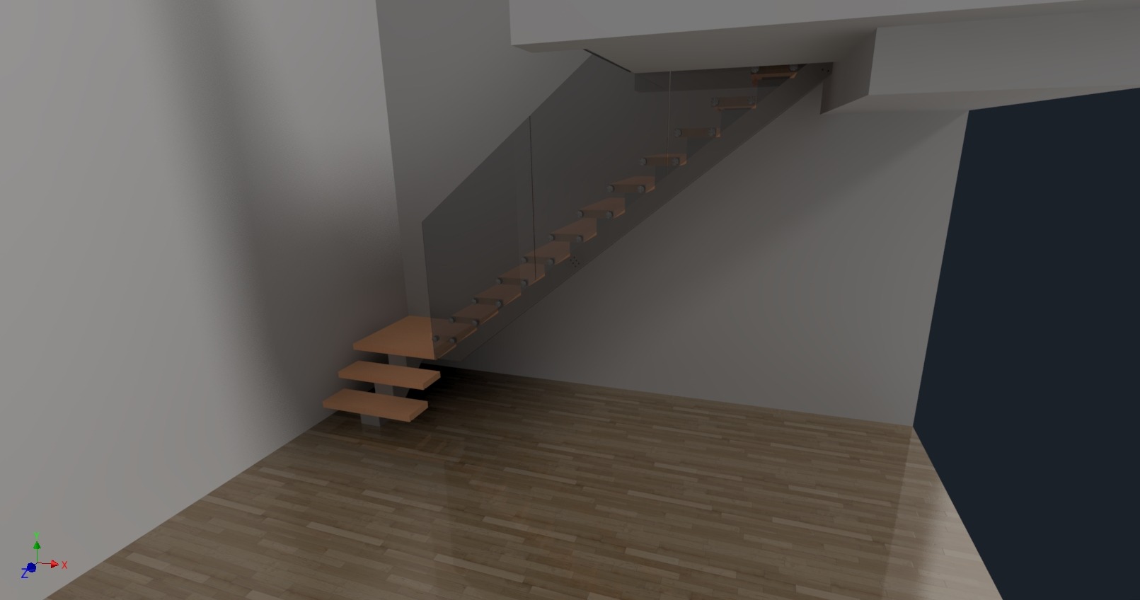 Wizualizacja schodów z drewnianymi stopniami i szklaną balustradą w nowoczesnym wnętrzu. Minimalistyczny design, jasne drewno, szare ściany, parkiet na podłodze.