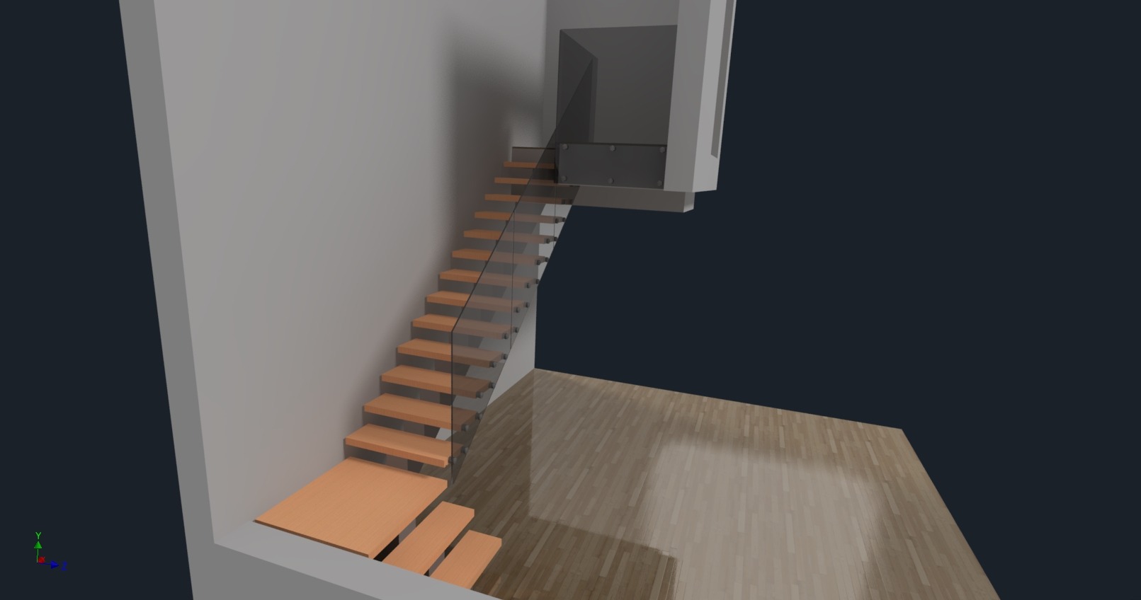 Wizualizacja schodów drewnianych z szklaną balustradą, widok z dołu, ukazujący konstrukcję i mocowanie stopni. Nowoczesny design w jasnej przestrzeni.